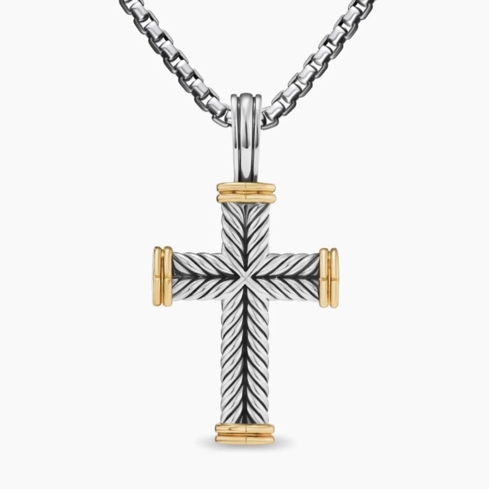 Cable Two-Tone Chevron Design Cross Necklace  17” Adjustable to 21”